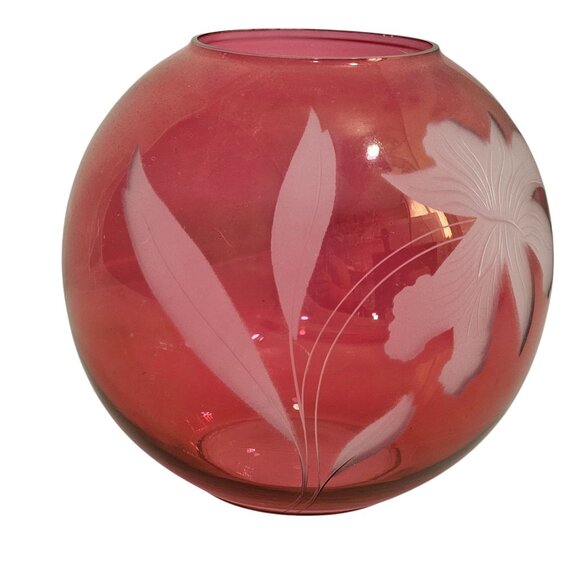 Cranberry Glass Rose Bowl Vase 6" vtg Victorian style etched floral flower globe - Picture 2 of 10